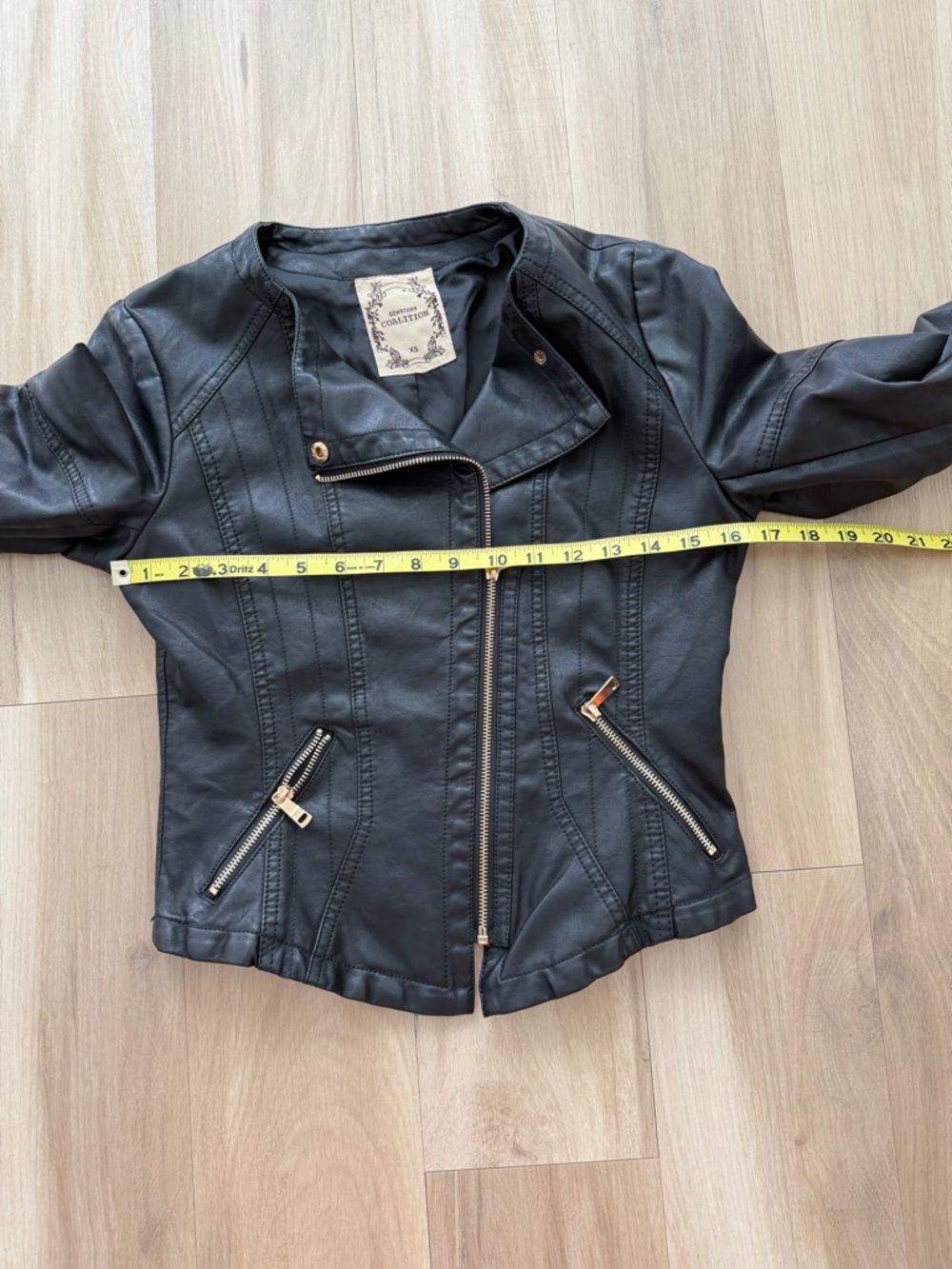 Women's Black Faux Leather Asymmetric Zip Jacket with Gold Hardware - Picture 10 of 12